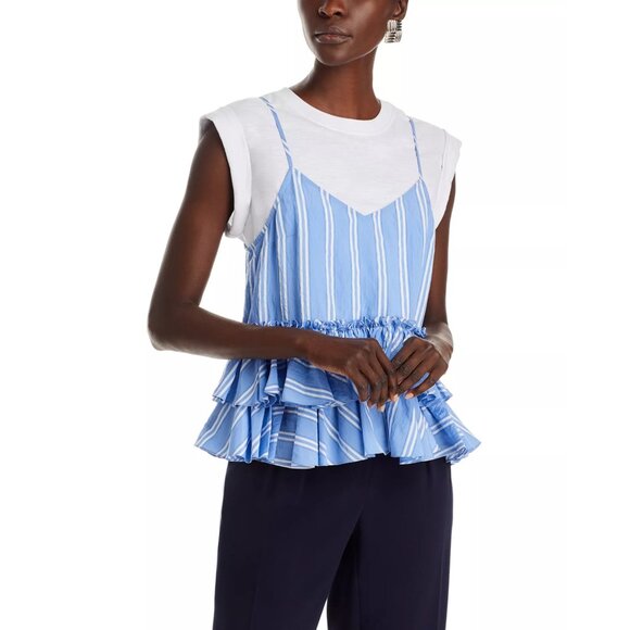 Cinq A Sept Samantha Seersucker Layered Top Stripe Oxford Blue/White SZ S NEW - Picture 2 of 7